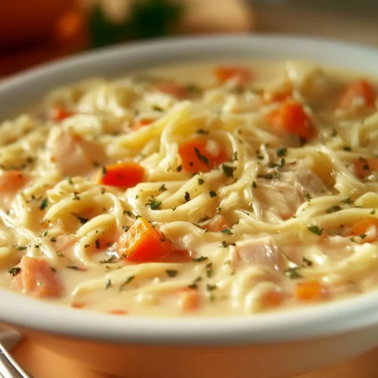 Bowl of Crack Chicken Noodle Soup with herbs and noodles, comfort food served warm.