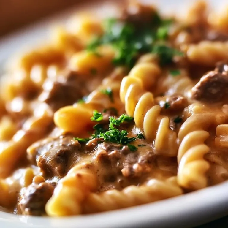 Creamy beef pasta dish garnished with herbs in a bowl