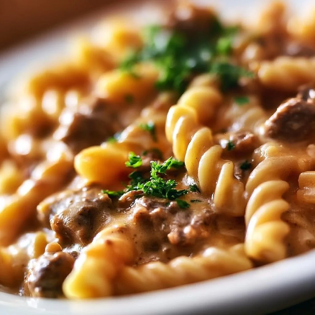 Creamy beef pasta dish garnished with herbs in a bowl
