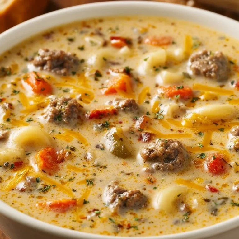 Bowl of creamy cheeseburger soup garnished with cheese and herbs