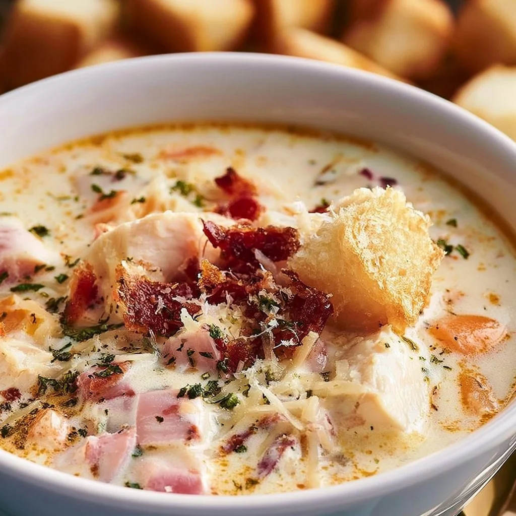 Creamy Chicken Cordon Bleu soup in a bowl with garnishes