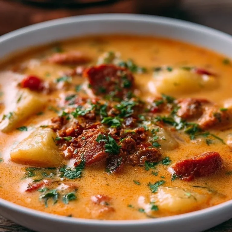 Bowl of creamy chorizo potato soup garnished with fresh herbs.