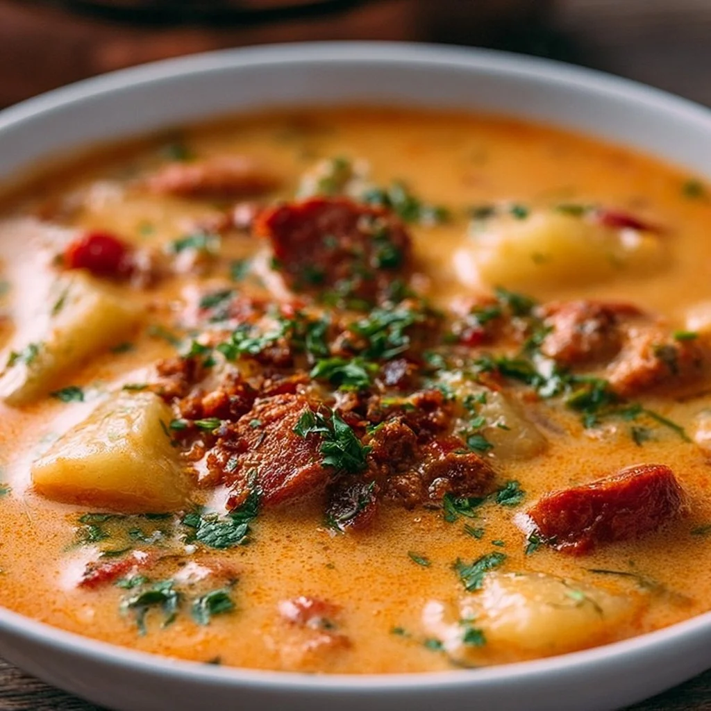 Bowl of creamy chorizo potato soup garnished with fresh herbs.