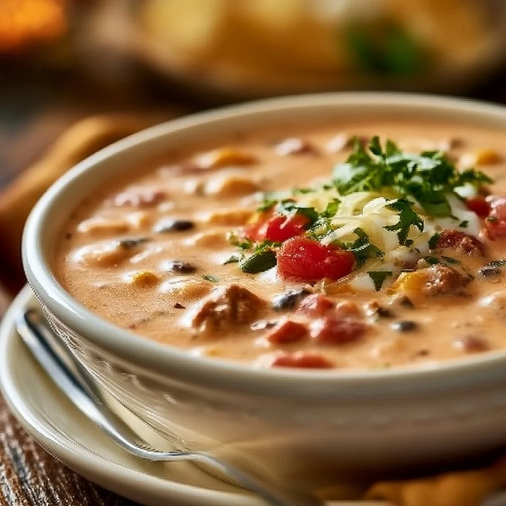 Bowl of creamy cowboy soup topped with herbs and crackers, delicious and hearty.