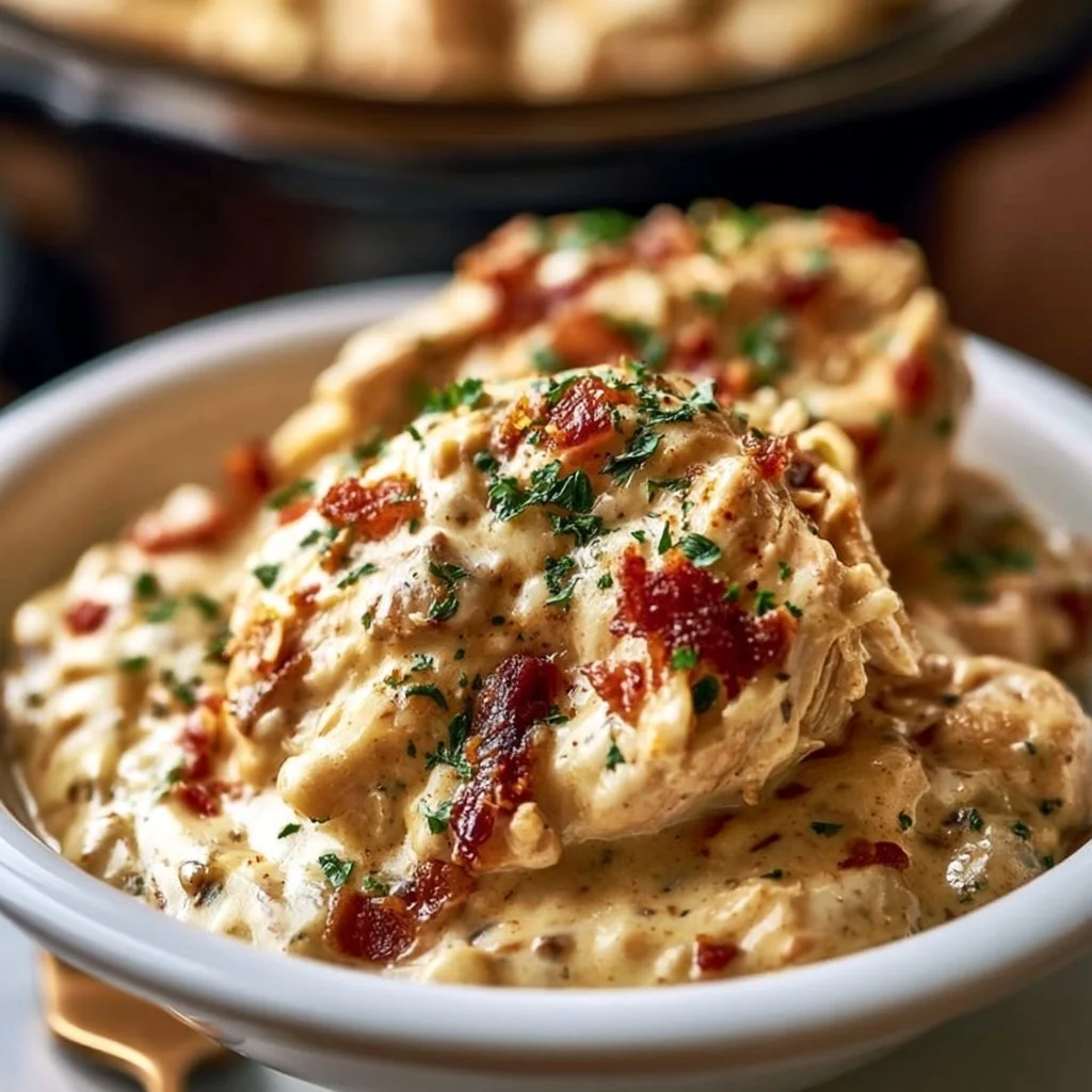 Creamy Dump-and-Go Crockpot Marry Me Chicken served in a bowl