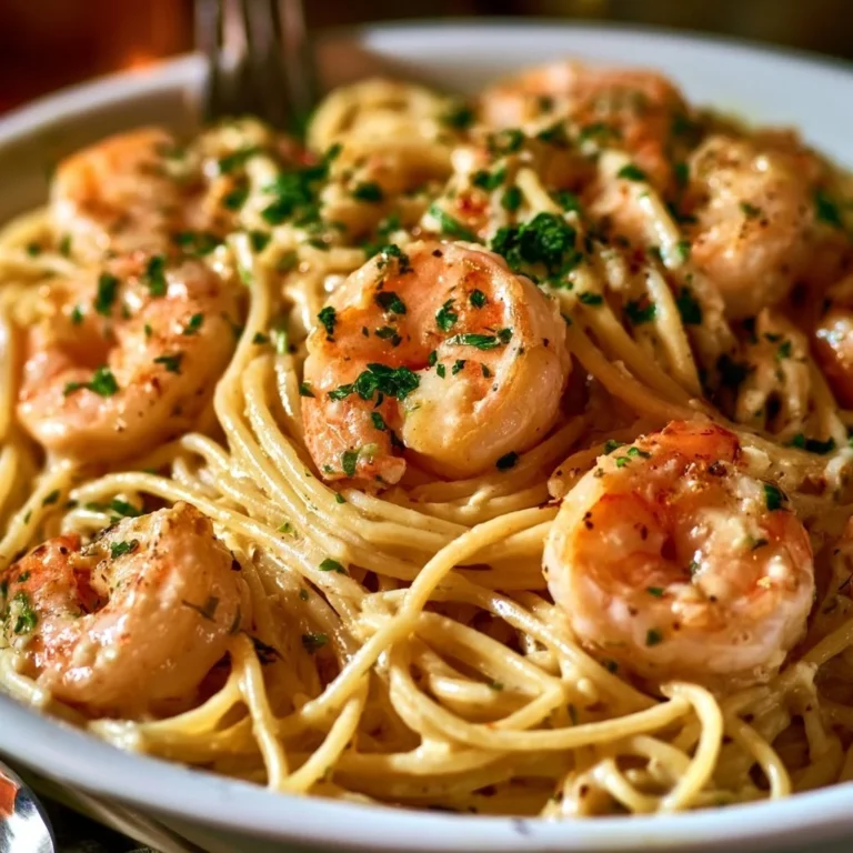 Delicious creamy garlic shrimp pasta garnished with herbs and parmesan cheese