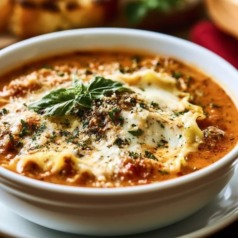 Bowl of creamy Italian lasagna soup topped with fresh herbs and cheese