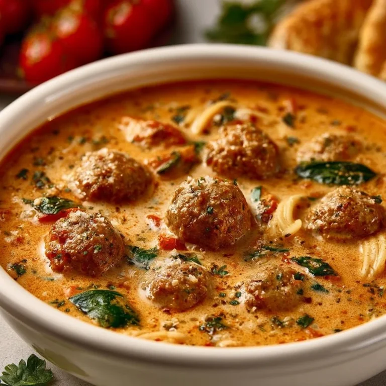 Bowl of creamy Italian meatball soup with herbs and vegetables