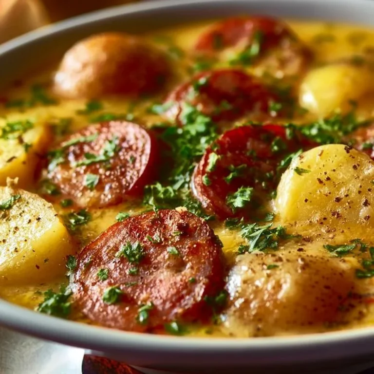 Bowl of creamy kielbasa potato soup topped with fresh herbs