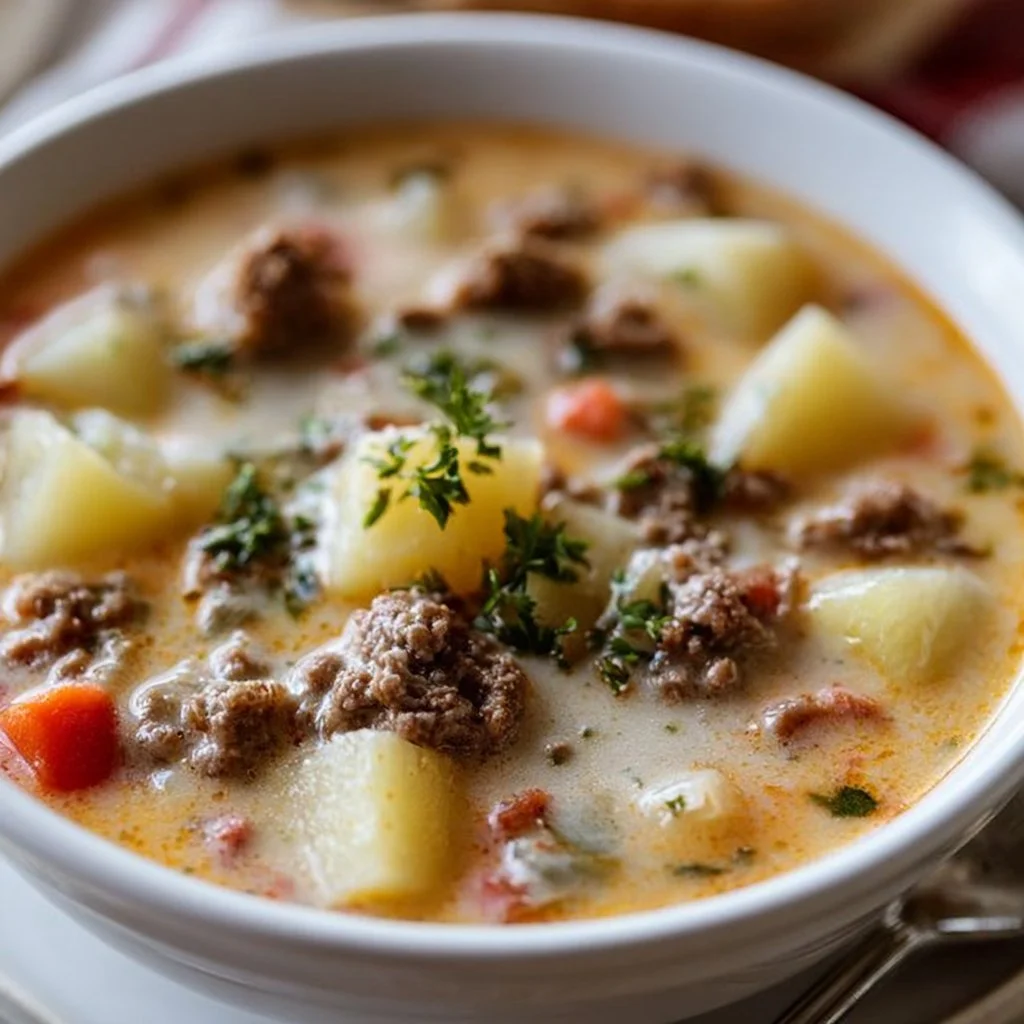 Bowl of creamy potato hamburger soup made in a crockpot