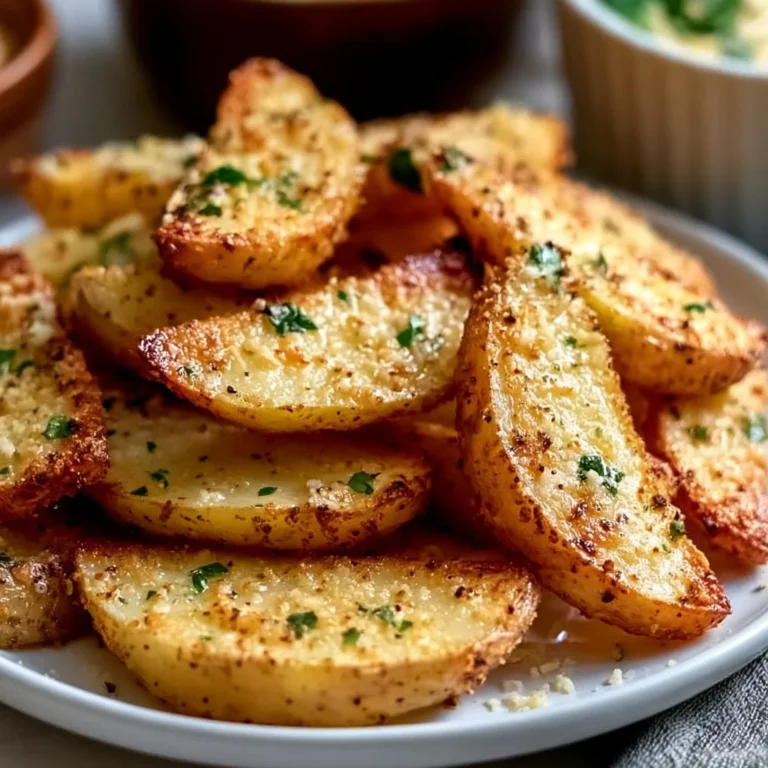 Crispy baked garlic parmesan potato wedges topped with fresh herbs