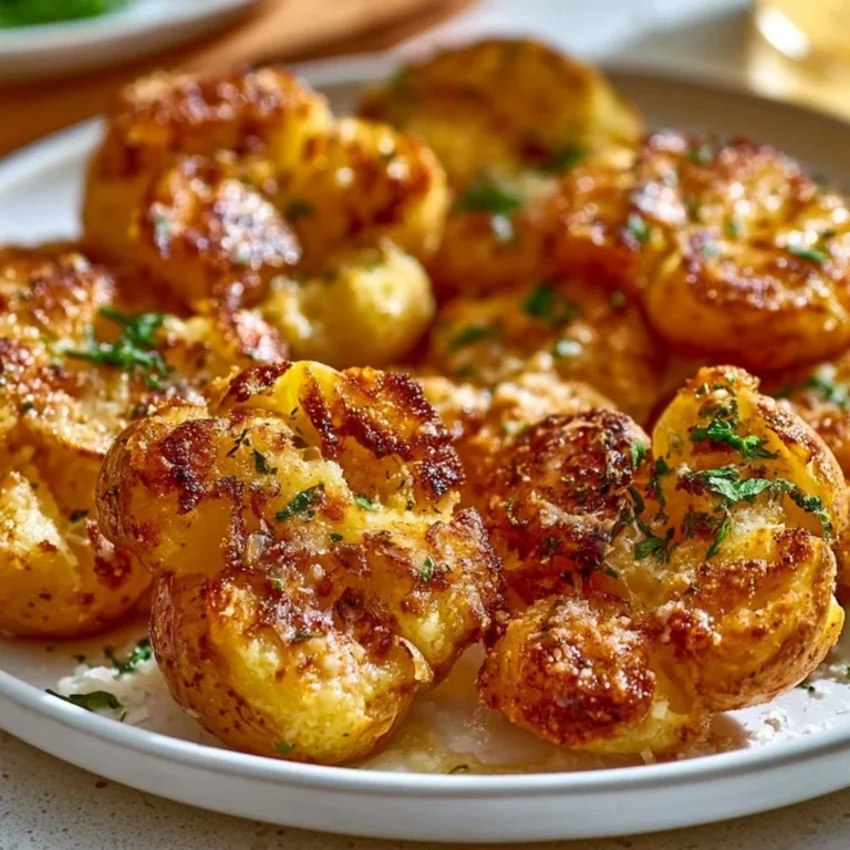 Crispy garlic butter parmesan smashed potatoes served on a plate