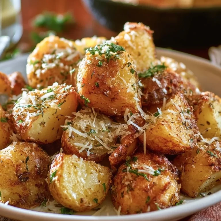 Crispy garlic herb roasted potatoes topped with Parmesan cheese