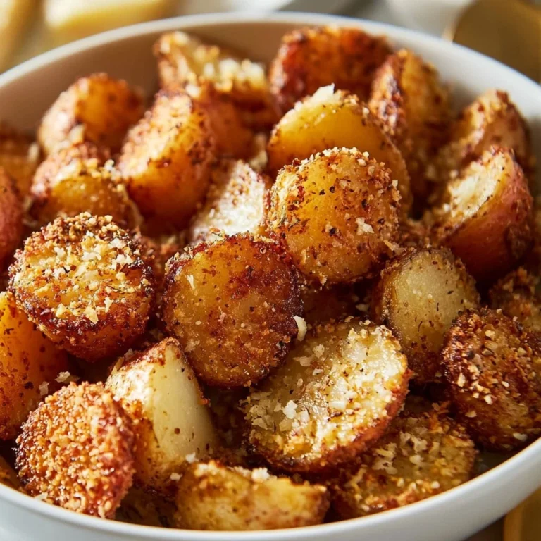 Crispy garlic parmesan crusted potatoes garnished with herbs.
