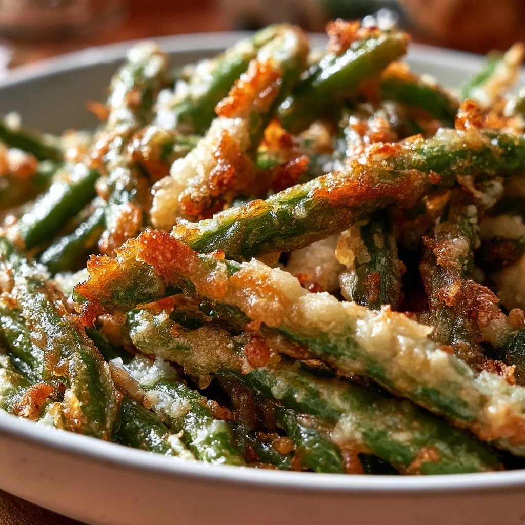 Crispy garlic parmesan green beans served on a plate