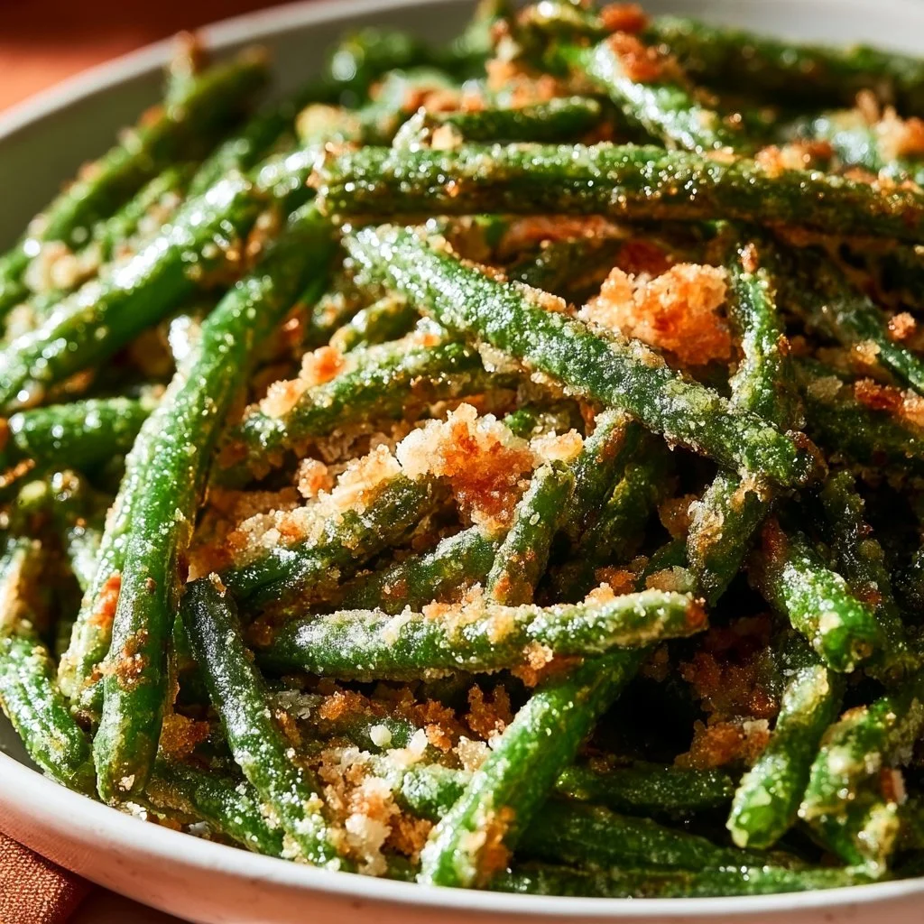 Crispy garlic parmesan green beans served on a plate