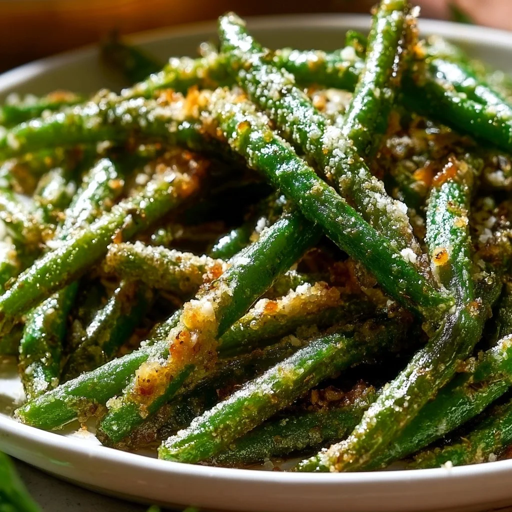 Crispy garlic parmesan roasted green beans recipe on a plate.