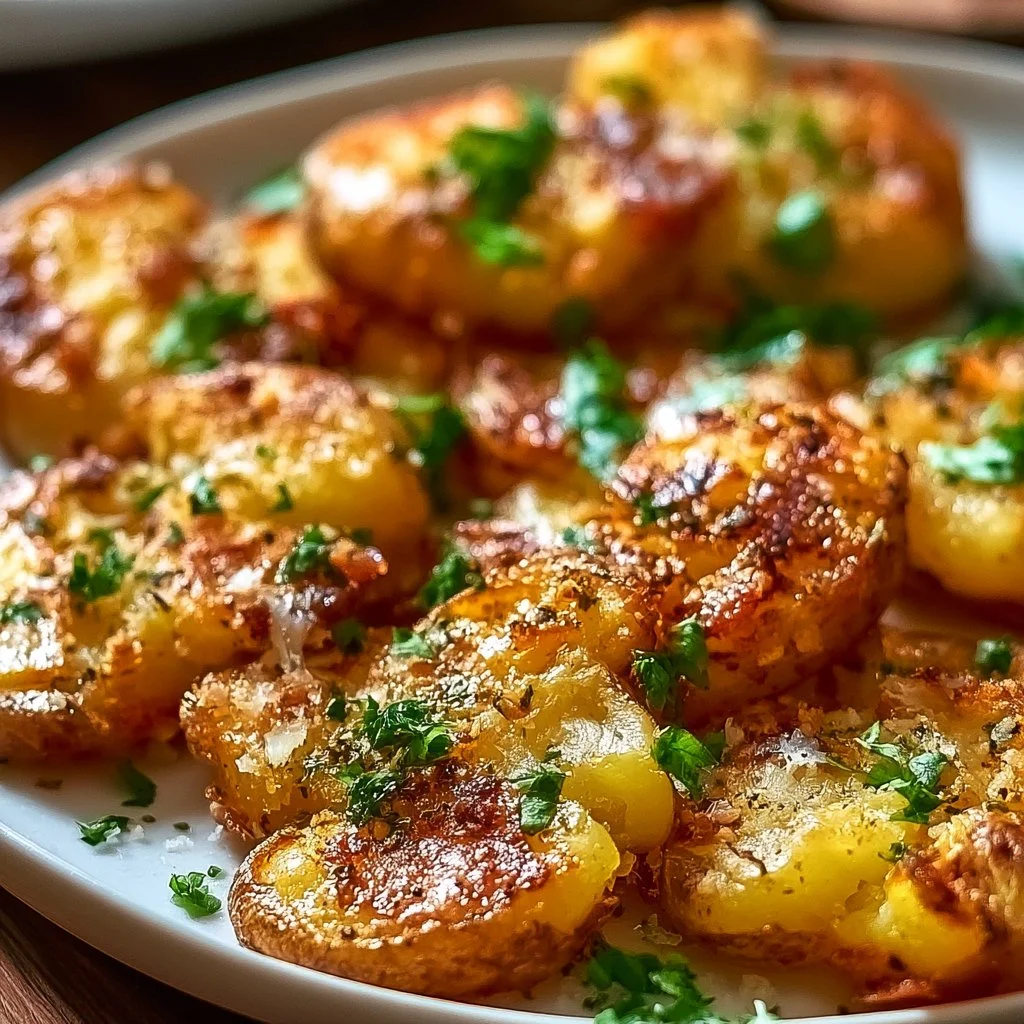 Crispy garlic parmesan smashed potatoes topped with herbs and cheese
