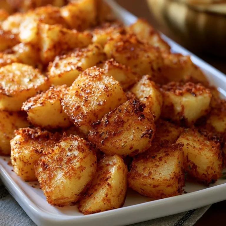 Crispy golden potato roast served on a plate with herbs.