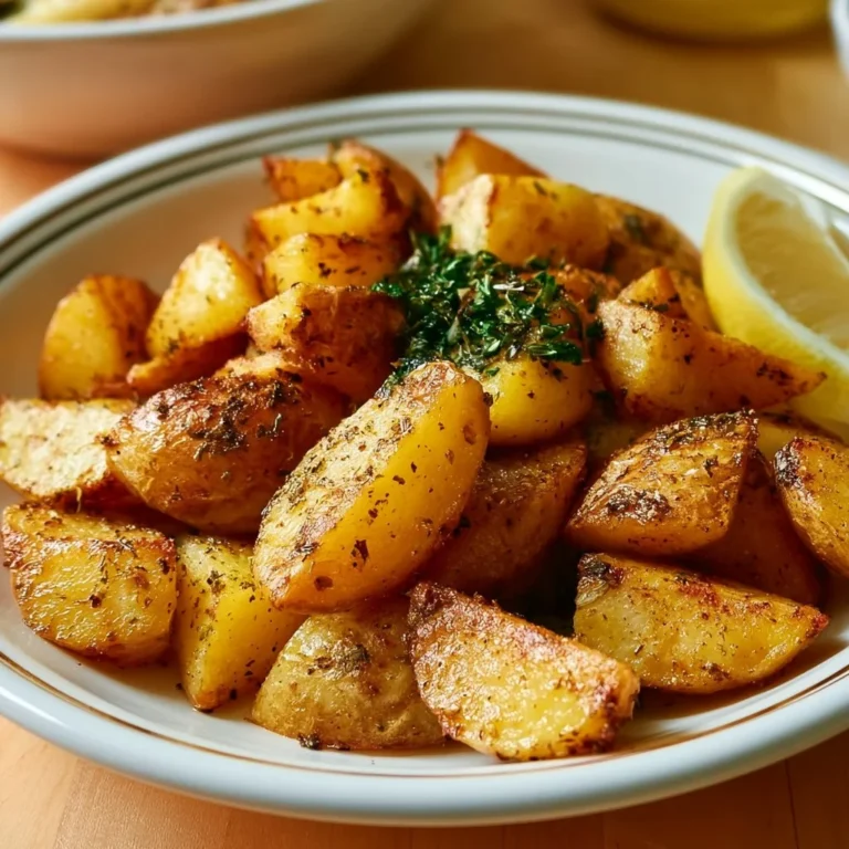 Crispy Greek Lemon Potatoes served on a plate with herbs