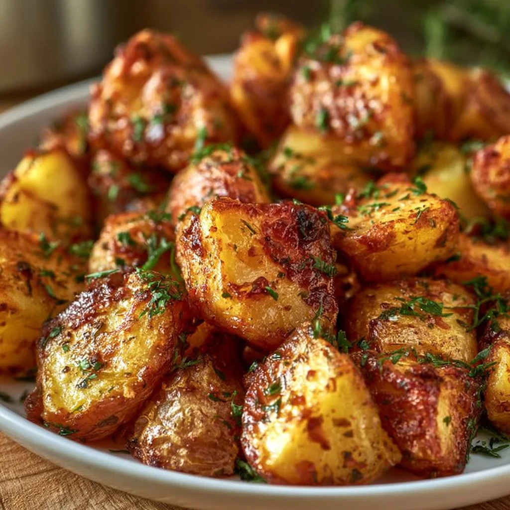 Crispy Herbed Greek Potatoes served on a plate with herbs and spices