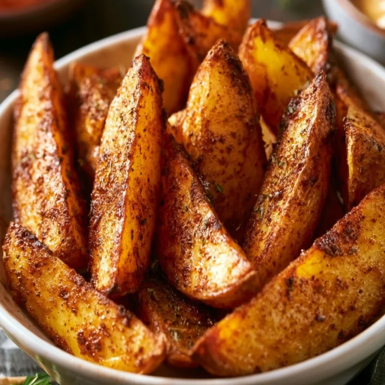Crispy oven-baked potato wedges, golden and delicious on a plate.