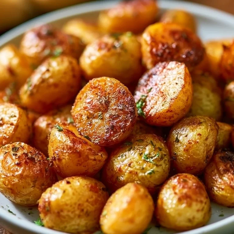 Crispy oven roasted baby potatoes in a serving dish garnished with herbs