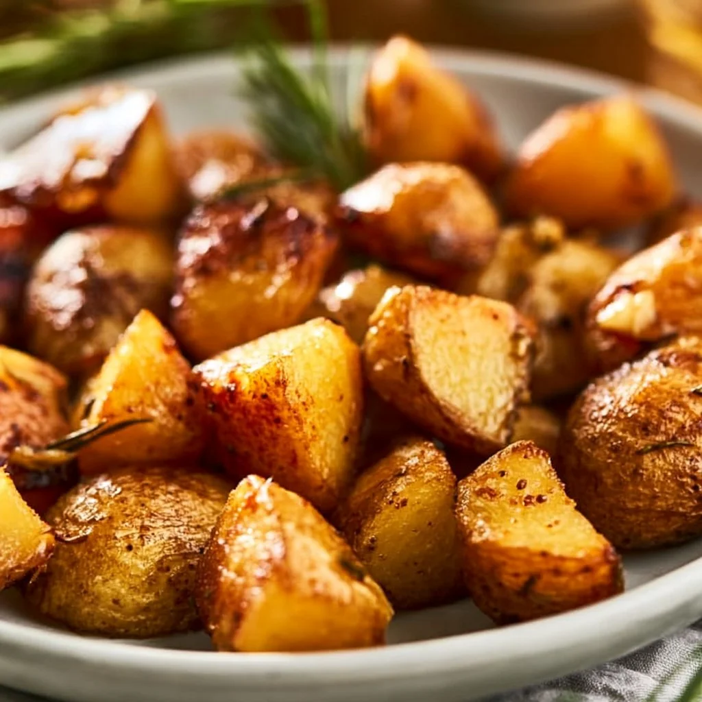 Crispy roast potatoes with rosemary and garlic served on a plate