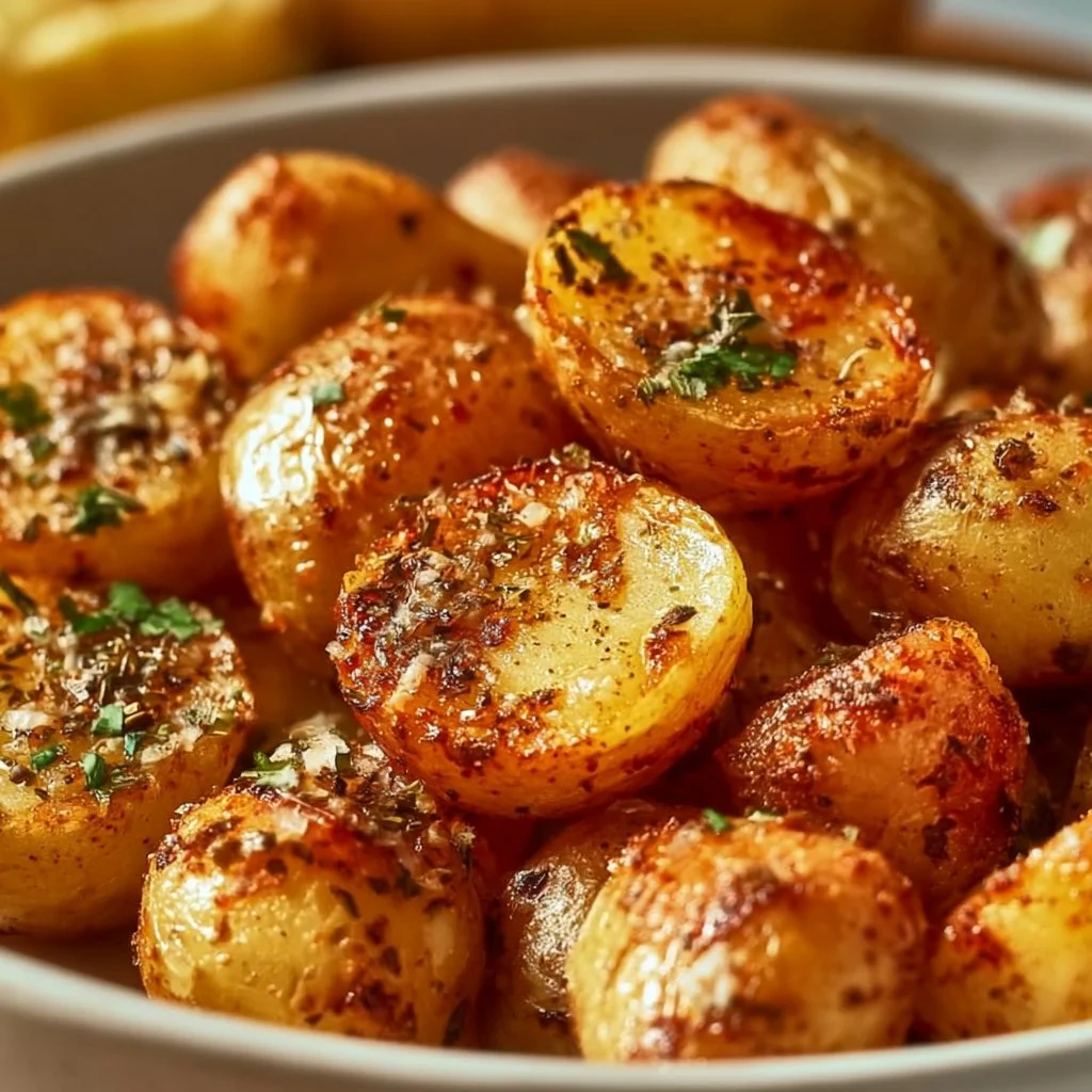 Bowl of crispy roasted baby potatoes with herbs and spices