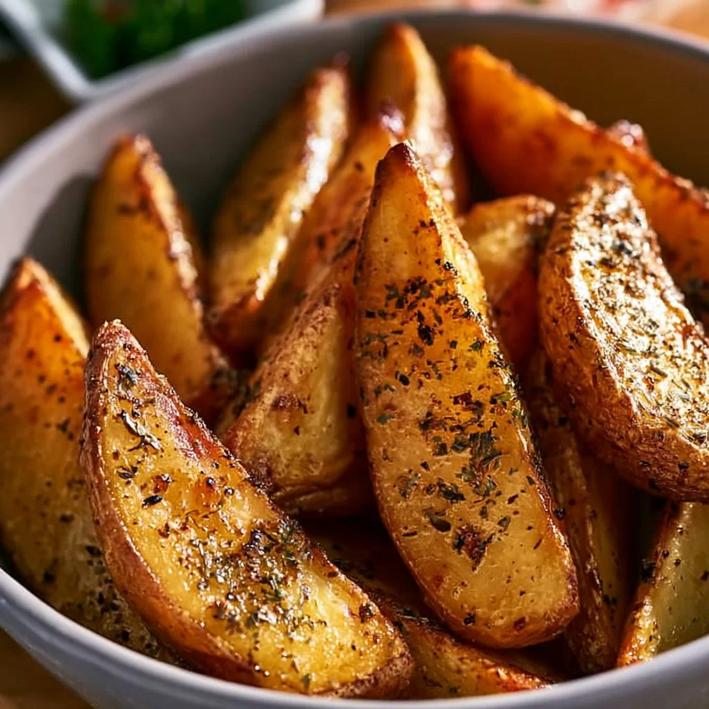 Crispy roasted potato wedges fresh out of the oven, seasoned to perfection.