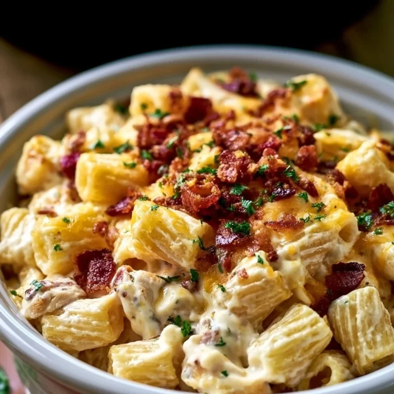Crock Pot Cheddar Bacon Chicken Rigatoni served in a bowl with herbs