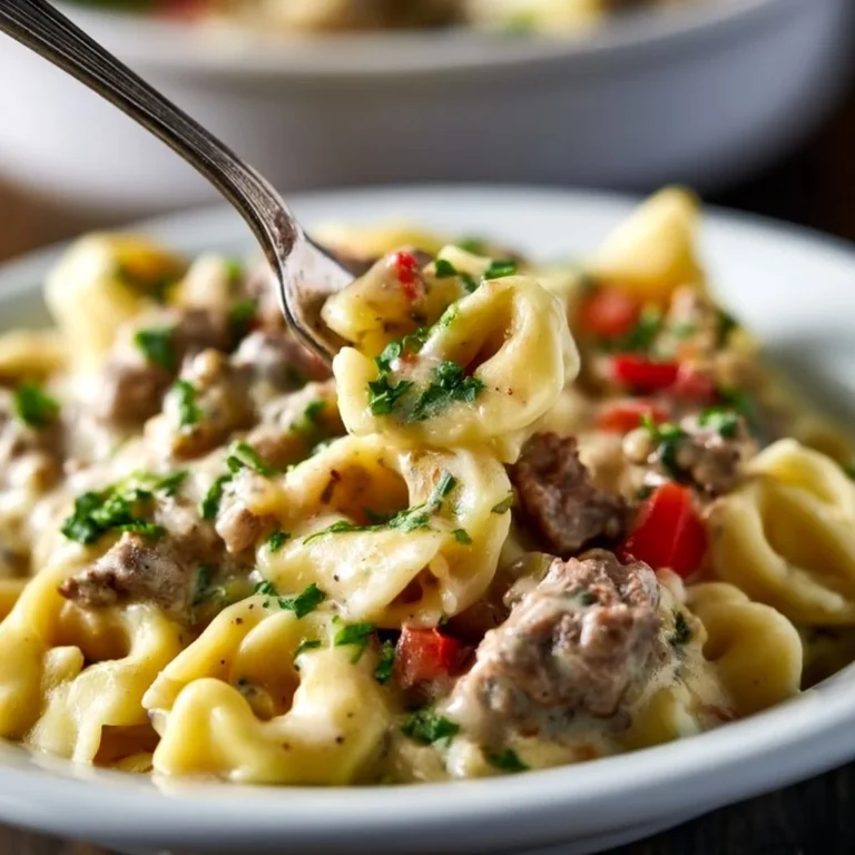 Crock Pot cheesesteak tortellini served in a bowl with toppings