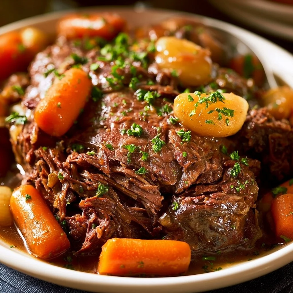Delicious crock pot chuck roast cooked to perfection with herbs and vegetables
