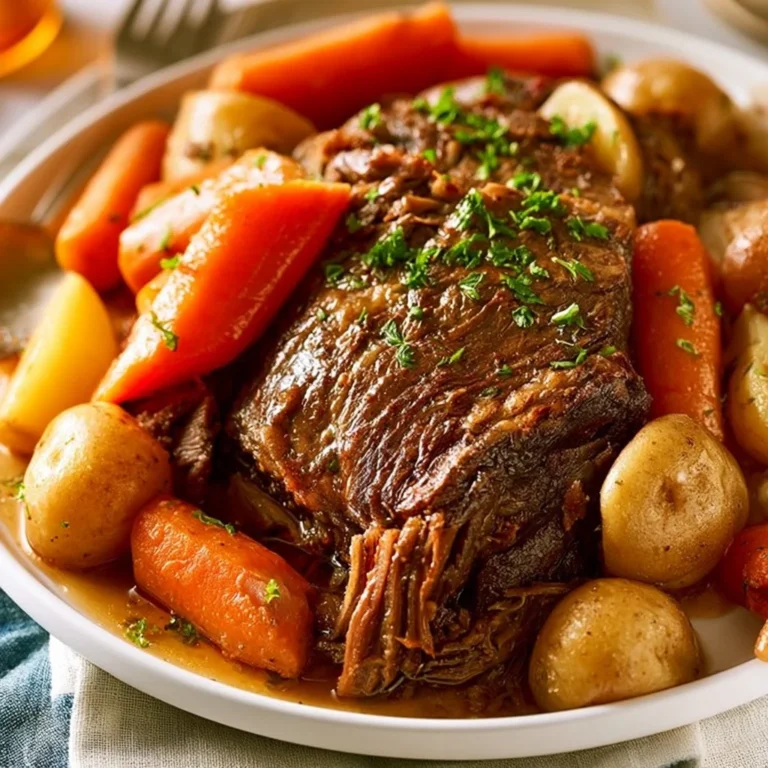 Delicious Crock Pot pot roast served with vegetables and gravy