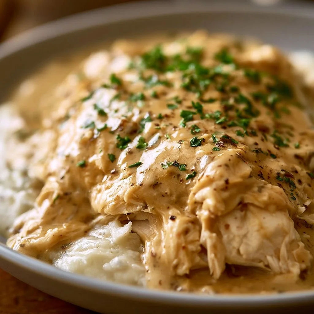 Crockpot Chicken with Creamy Gravy served on a plate