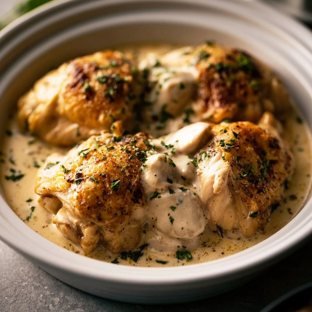 Delicious crockpot creamy garlic chicken served with herbs and spices.