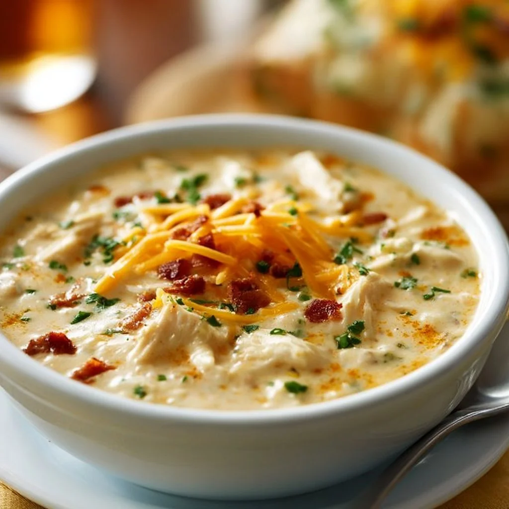 Bowl of creamy Delicious Crack Chicken Soup garnished with herbs.