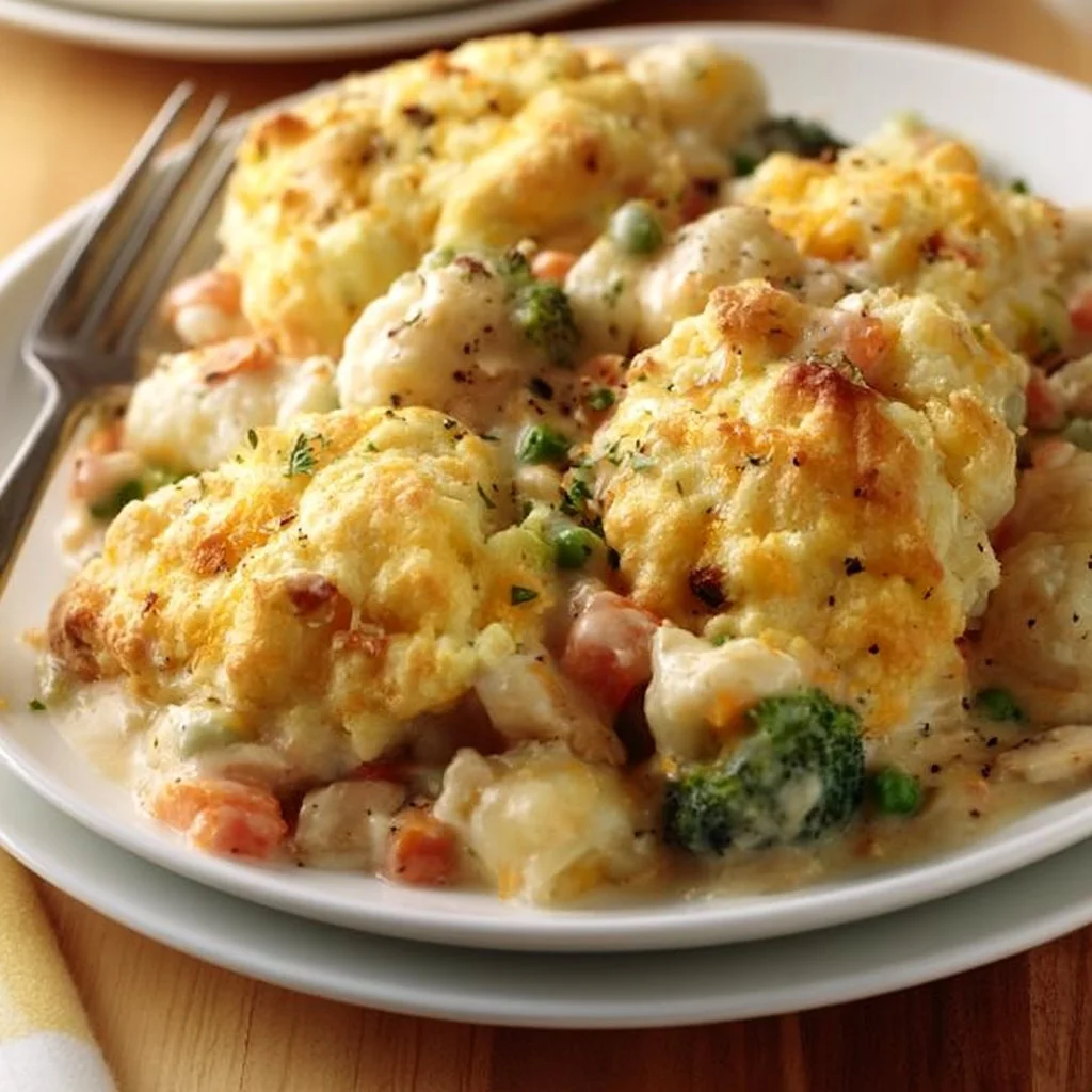 Easy Chicken Cobbler Casserole made with Red Lobster Biscuit Mix
