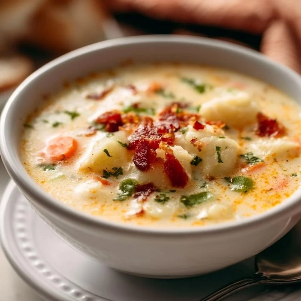 Bowl of creamy Easy Crock Pot Potato Soup topped with fresh herbs