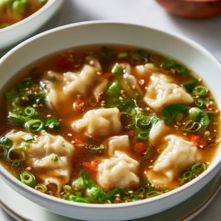 Bowl of easy dumpling soup with fresh herbs and vegetables
