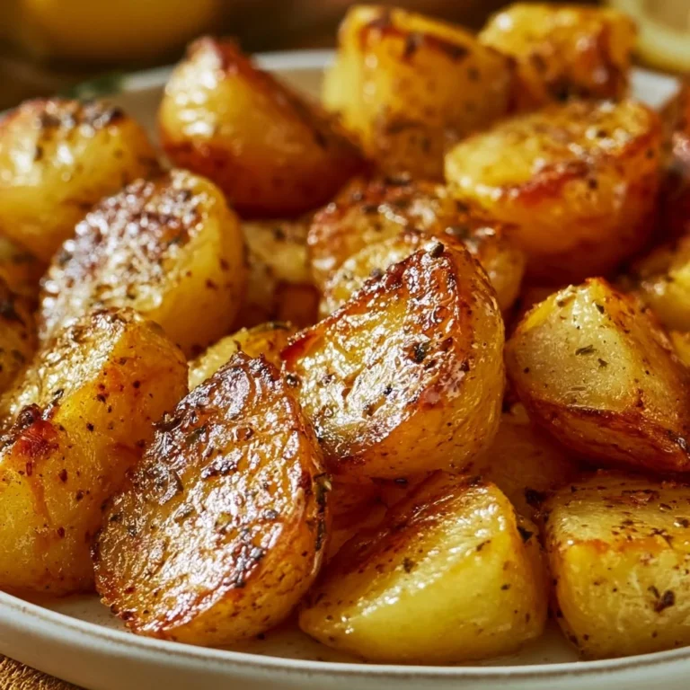 Delicious Greek Lemon Potatoes garnished with fresh herbs and lemon slices