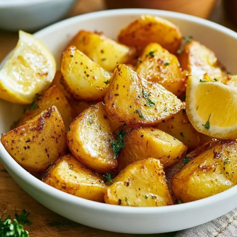 Bowl of easy Greek lemon potatoes garnished with herbs