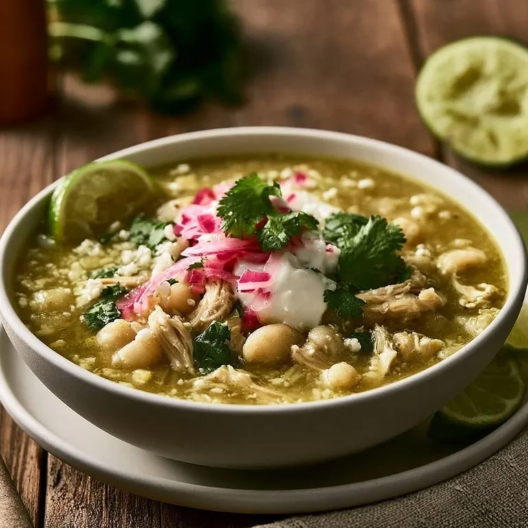 Bowl of easy Green Pozole with chicken and garnishes