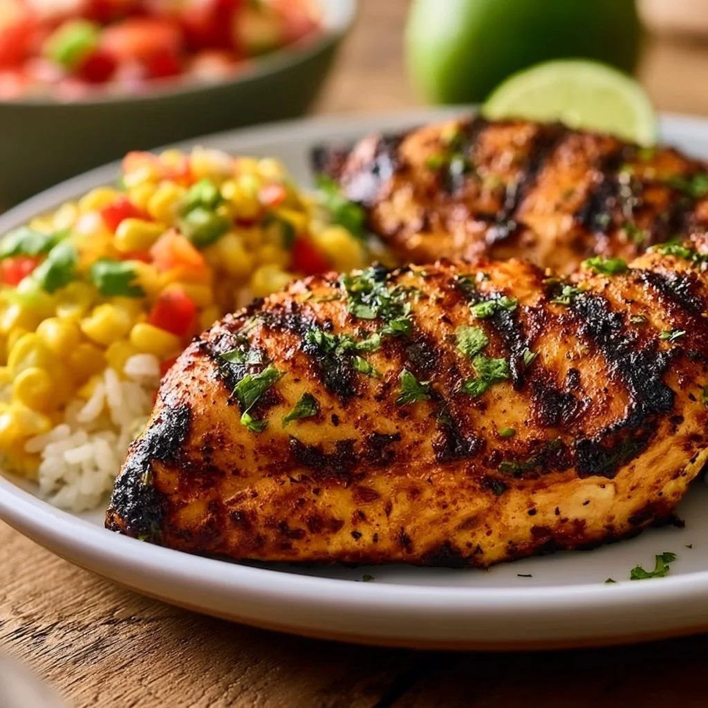 Delicious Easy Key West Grilled Chicken on a plate, garnished with lime and herbs