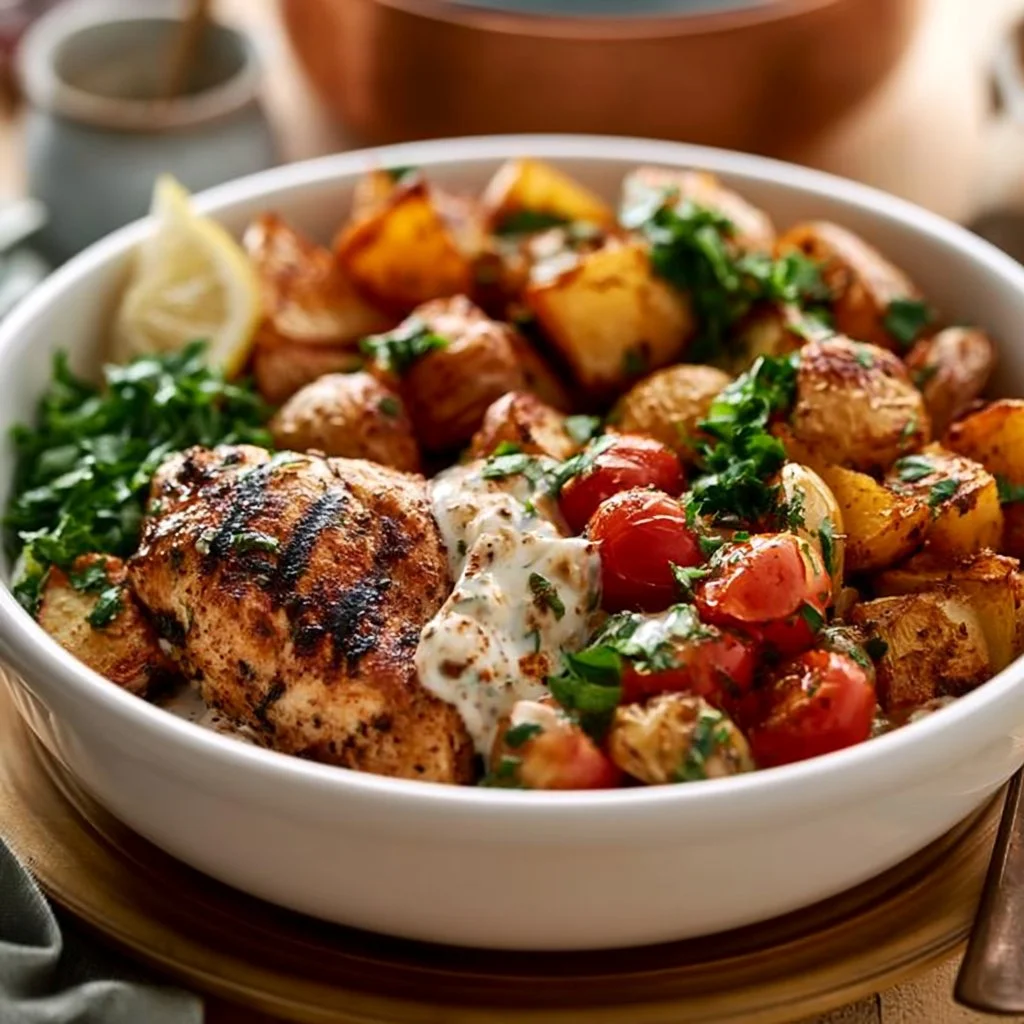 Easy Mediterranean Chicken with roasted potatoes in a sheet pan