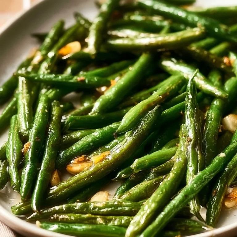 Plate of easy roasted green beans with garlic on a wooden table