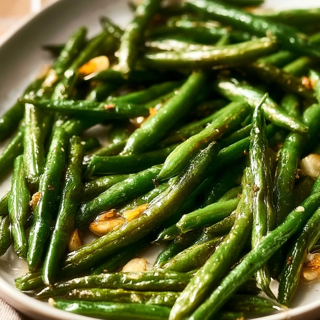 Plate of easy roasted green beans with garlic on a wooden table