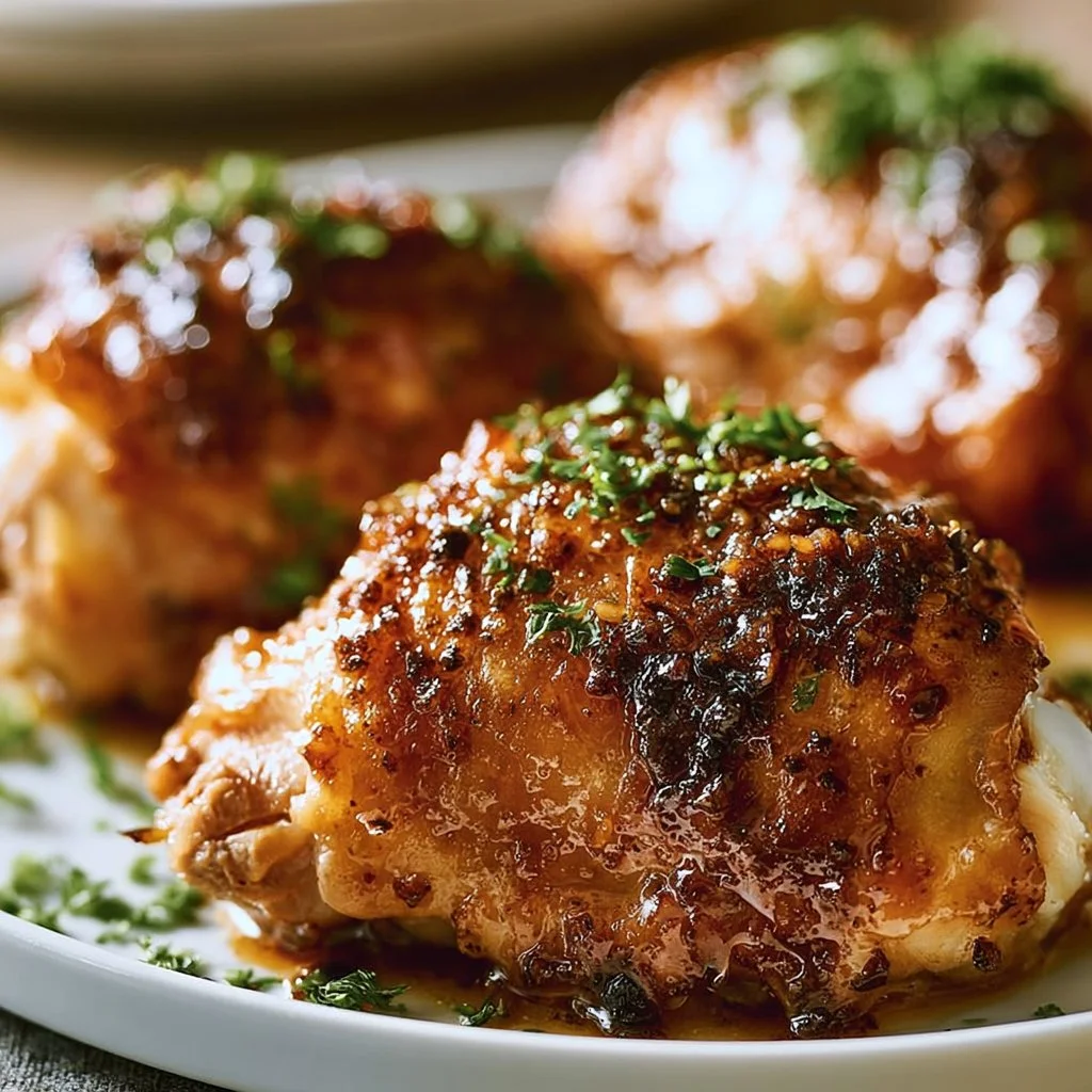 Slow Cooker Brown Sugar Garlic Chicken Thighs served on a plate with herbs