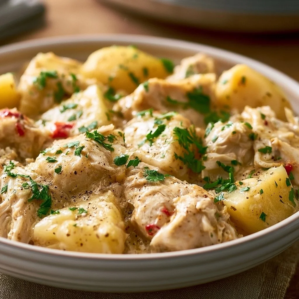 Easy slow cooker chicken and potatoes dish served in a bowl