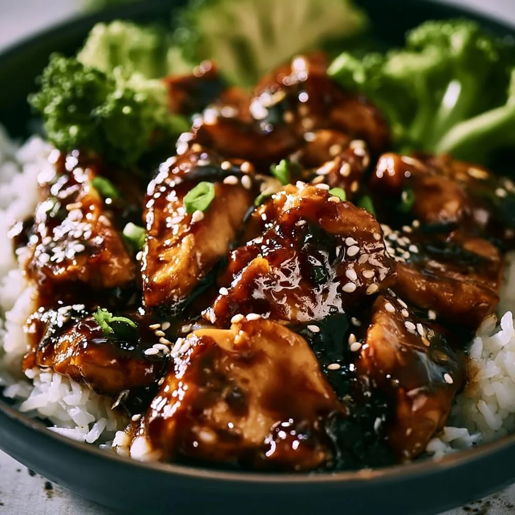 Plate of easy teriyaki chicken garnished with sesame seeds and green onions